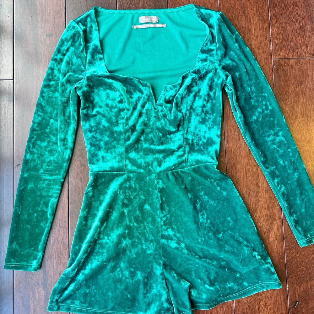 Urban Outfitters Green Velvet Long Sleeve Romper